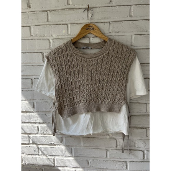 Zara Sweaters - ZARA‎ Layered Docking Cable Braid Size Large Beige white 3-0815S